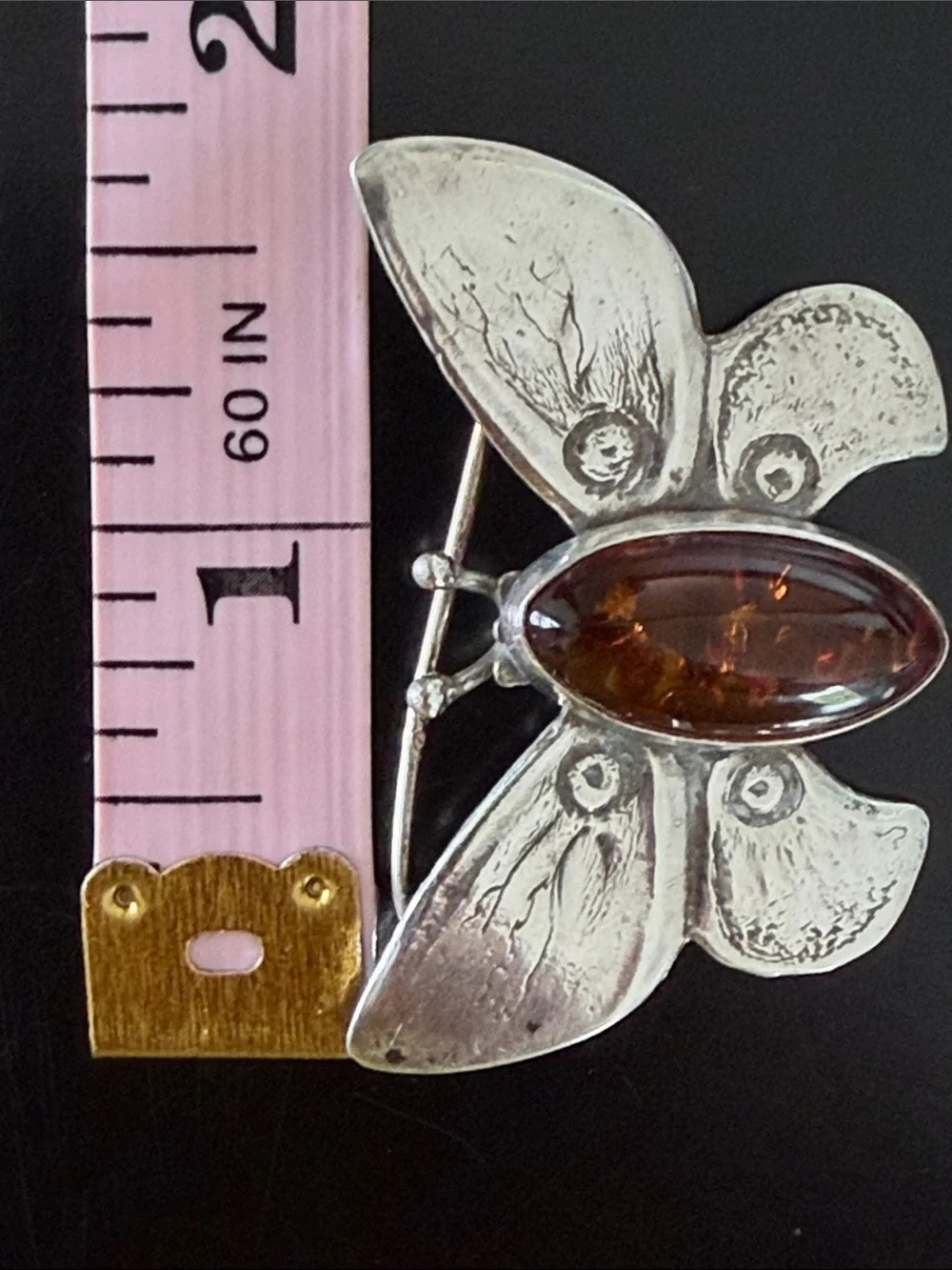 Vintage Amber Silver Moth Butterfly Pin